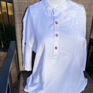 Chic White Button-Down Shirt with Wooden Details. NWT.